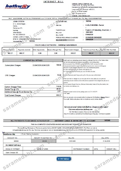 India Hathway Cable & Datacom utility bill template in Word and PDF formats